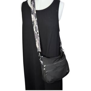 Lug Slider Freestyle Crossbody Black Bag w/Camouflage Strap, Multiple Pockets